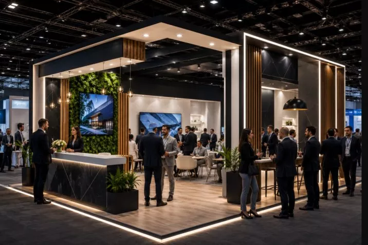 Business professionals interacting at a custom exhibition booth during a trade show
