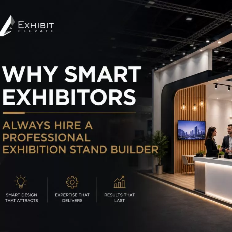 Professional exhibition stand builder booth with visitors interacting at a modern trade show